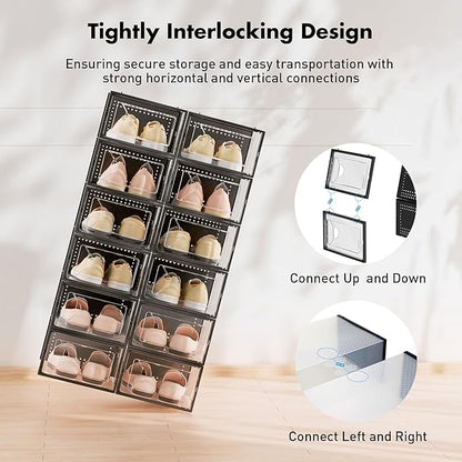 Foluck 15 Pack Shoe Storage Organizer Box Container Clear Plastic Stackable | Interlocking Design, Sturdy Dustproof Breathable, Fits Men's Size 9 Women's Size 10, for Closet Entryway Under Bed