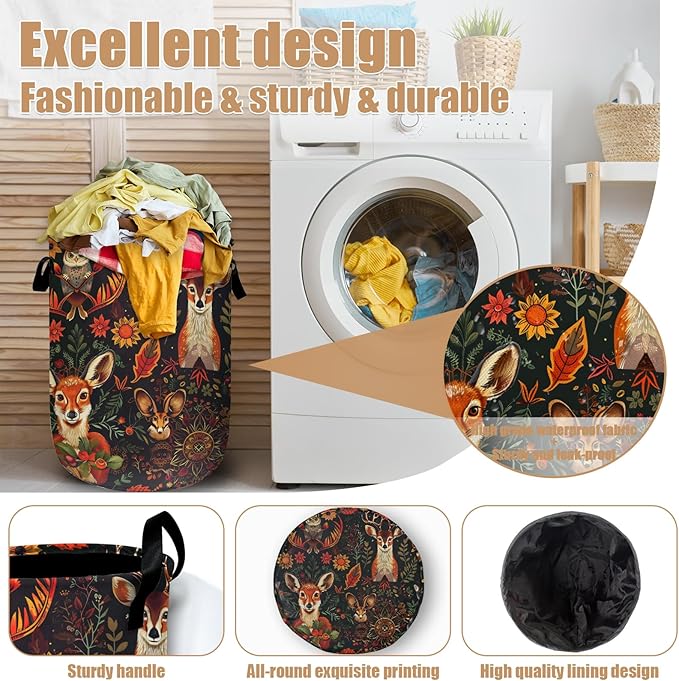 Retro Deer Owl Fox Laundry Basket, Foldable Wild Animals Floral Laundry Hamper Tote Bag Dirty Clothes Storage Bucket Toy Organizer for Bathroom/Laundry/Bedroom 15.7"x19.6"