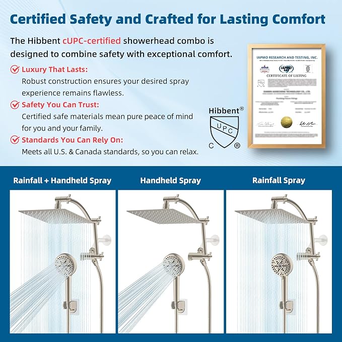 Hibbent All Metal cUPC Certified Shower Head, 10'' High Pressure Rain Shower Head, Handheld Showerhead Combo with 16'' Adjustable Extension Arm, 10 Sprays, 71'' Hose, Showerhead Holder, Brushed Nickel