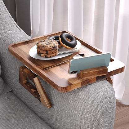 Acacia Wood Couch Arm Tray with 360°Phone Holder,Folding Sofa Armrest Tray,Couch Arm Table Clip-On Couch Desk for Drinks,Snacks,Phone,Remote Control