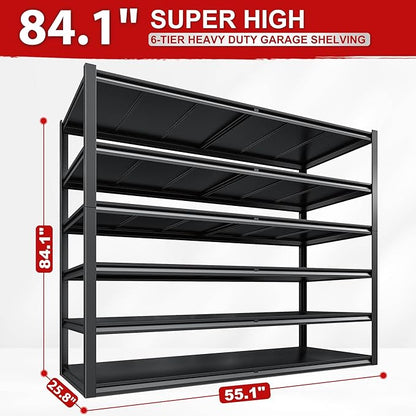 REIBII 84.1" H Garage Shelving, 3500LBS Storage Shelves Heavy Duty, Adjustable 6-Tier Metal Shelving for Commercial, Warehouse, Basement, Garage,Shop, 55.1" W x 25.8" D x 84.1" H