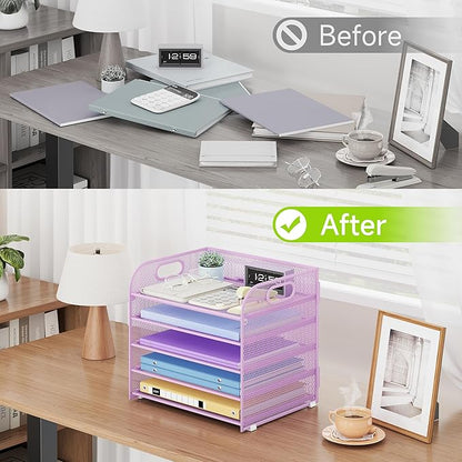 5 Tier Paper Organizer with Handle, Metal Mesh Desk Organizer File Folder Paper Letter Tray Desktop Document Sorter for Classroom, School, Office Accessories Organization and Storage - Purple