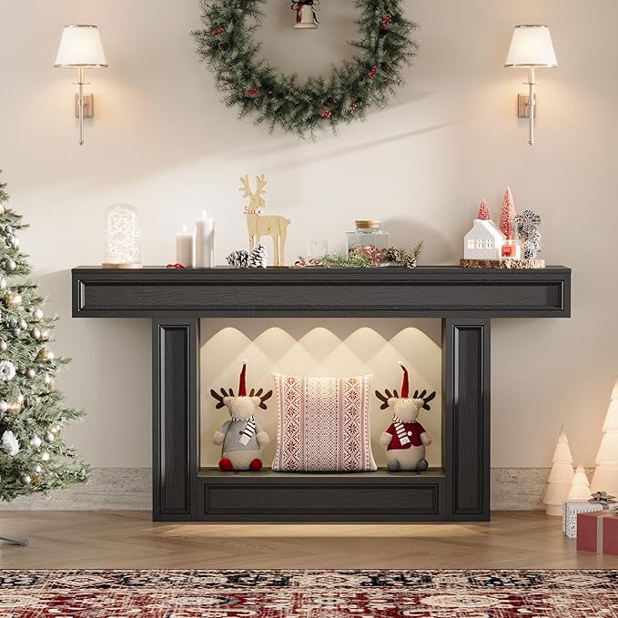 Rresyet 63" Console Table, 2-Tier Entryway Table with Sensor Lights, Coffee Table Behind The Sofa, with U-Shaped Base Suitable for Entryways, Living Rooms, Corridors, and Foyers(Black)
