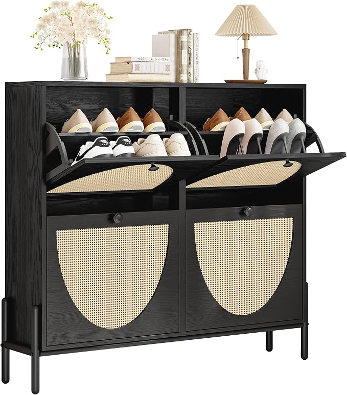 IRONCK Rattan Shoe Cabinet Storage with 4 Flip Drawers, Freestanding Shoe Storage Organizer Cabinet for Entryway, Narrow Shoe Rack Cabinet, Matte Black