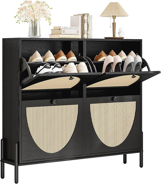 IRONCK Rattan Shoe Cabinet Storage with 4 Flip Drawers, Freestanding Shoe Storage Organizer Cabinet for Entryway, Narrow Shoe Rack Cabinet, Matte Black