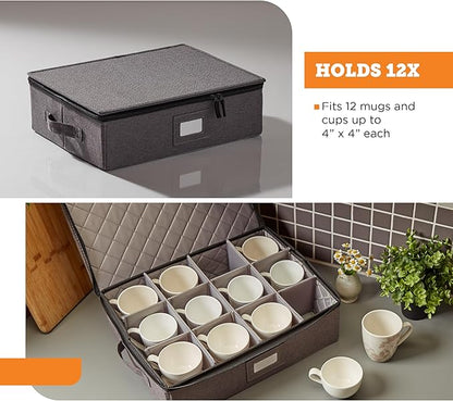 storageLAB Cup and Mug Storage Containers, Hard Shell Storage Case with Felt Dividers for Cups, Mugs, Dishes, and Glasses, Ideal for Kitchen Organizing and Moving Supplies - 1 Pack, Gray