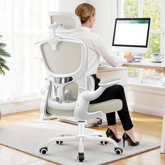 Ergonomic Office Chair, Mesh Desk Chair with Lumbar Support, High Back Home Office Chair with Adjustable Headrest and Flip-Up Arms, Comfortable Computer Chair, Thick Cushion, 300 LBS, White