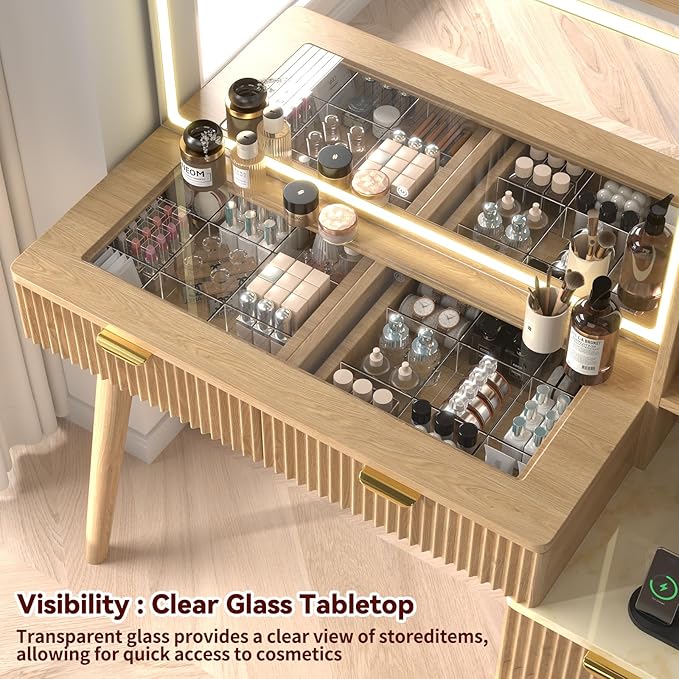 43" Fluted Makeup Vanity Desk with 32" Mirror and Lights, Modern Glass Top Large Vanity Table with 5 Drawers and 3 Storage Shelves, Dressing Table Set with Charging Station for Bedroom-Gold