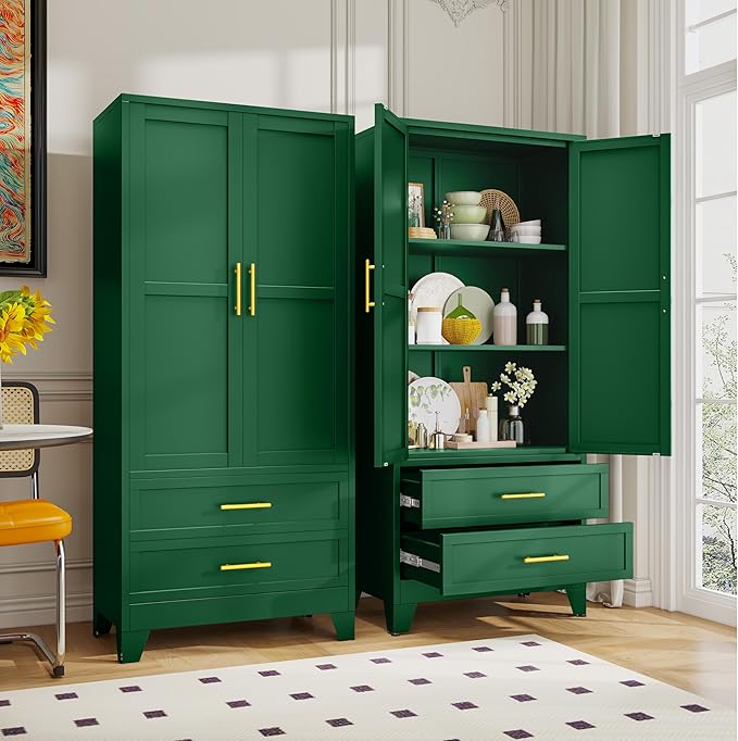 Steel Pantry Cabinet, 71" Metal Storage Cabinets with 2 Doors, 2 Adjustable Shelf and 2 Drawers, Freestanding Storage Cabinet for Bedroom, Kitchen, Home Office (Green)