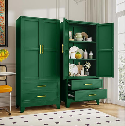 Steel Pantry Cabinet, 71" Metal Storage Cabinets with 2 Doors, 2 Adjustable Shelf and 2 Drawers, Freestanding Storage Cabinet for Bedroom, Kitchen, Home Office (Green)