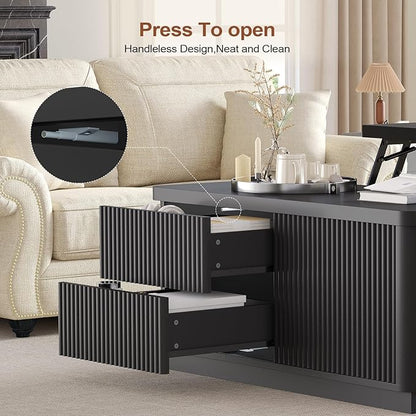 Itaar 39.4'' Lift Top Coffee Table with Storage, Fluted Coffee Tables for Living Room, Square Coffee Table with Large Hidden Compartment & 2 Drawrs & Adjustables Shelves, Black