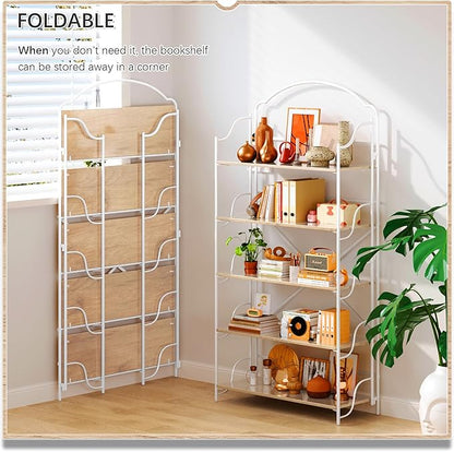4NM No Assembly Extra Wide Folding Bookshelf for Living Room, 5 Tiers Collapsible Book Shelves Open Industrial Foldable Bookcase Storage Shelf for Home Office - Cloud Oak