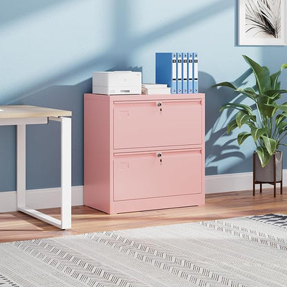 30.24" H Lateral File Cabinet 2 Drawer,Metal Wide Filing Cabinet with 2 Locks and Business Card Slot for Home Office School Hanging Letter/Legal/F4/A4 Size Folders,Required Assembly,Pink
