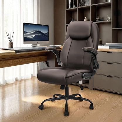 NEO CHAIR Ergonomic Office Desk Gaming Computer Chair Executive High Back Support Flip-up Arms Adjustable Height Swivel Rolling Wheels Comfy PU Leather for Home (Brown)