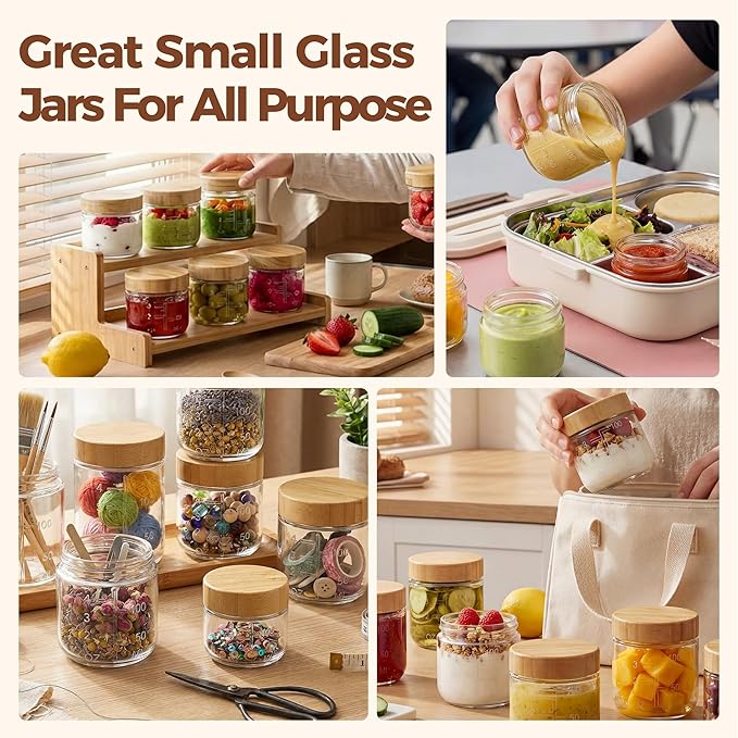 HomArtist 3oz Glass Salad Dressing Containers with Bamboo Lids - 6 Pack Small Airtight Condiment Cups, Mini Sauce Jars for Picnic, Ketchup, Dip & Snacks, Leakproof, BPA-Free & Dishwasher Safe