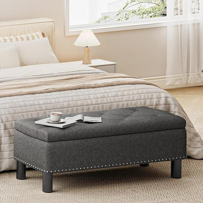 Furniliving Storage Bench, Upholstered Linen Ottoman Bench with Button-Tufted, Folding Bedroom Bench with Wood Legs, Entryway Bench for Bedroom, Grey