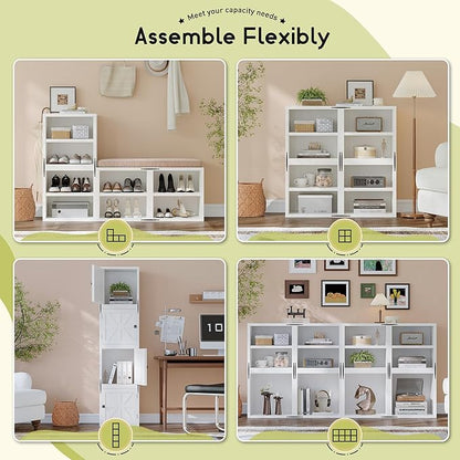 4 Cube Bookshelf Organizer, DIY Wooden Open Book Shelf with Anti-Tip Design, Cube Book Shelf for Bedroom, Office, Dorm, White
