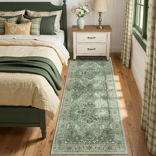 RELEANY Area Rugs Runner 2'x6' Washable Non-Slip, Floral Vintage Distress Medallion Carpet for Kitchen Hallway Bedroom Beside Laundry Room Bathroom, Dark Green Gray