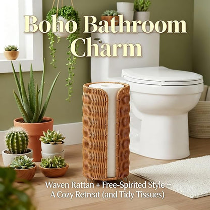 Freestanding Rattan Toilet Paper Holder, Bathroom Storage Organizer Holds 3 Rolls, Space Saving Wicker Toilet Roll Stand for Bathroom Decor