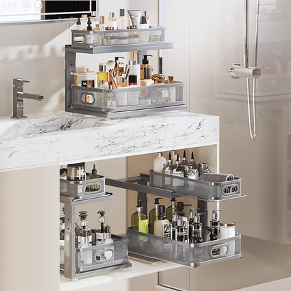 2 Pack 18.5IN-Depth Under Sink Organizer With Next-Gen Ball-Bearing Slides,2-Tier Precision Mesh Pull Out Cabinet Storage for Bathroom&Kitchen,Height Adjustable Drawers Shelf,Anti-rust-Grey