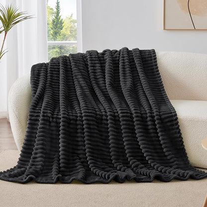 BEDELITE Twin Blanket for Couch & Bed, 300GSM Soft & Warm Fleece Blanket, Decorative and Giftable Striped Black Blankets for Women, Men, 60"x80"