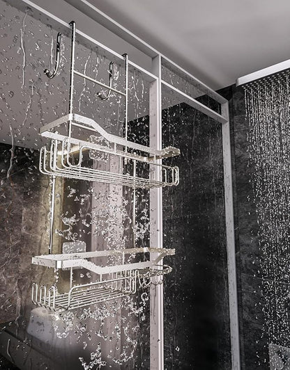 HapiRm Hanging Shower Caddy Over the Door with Soap Holder, No Drilling Adhesive Shower Organizer with 11 Hooks, Rustproof & Waterproof 304 Stainless Steel Bathroom Shelves - Brushed Nickel