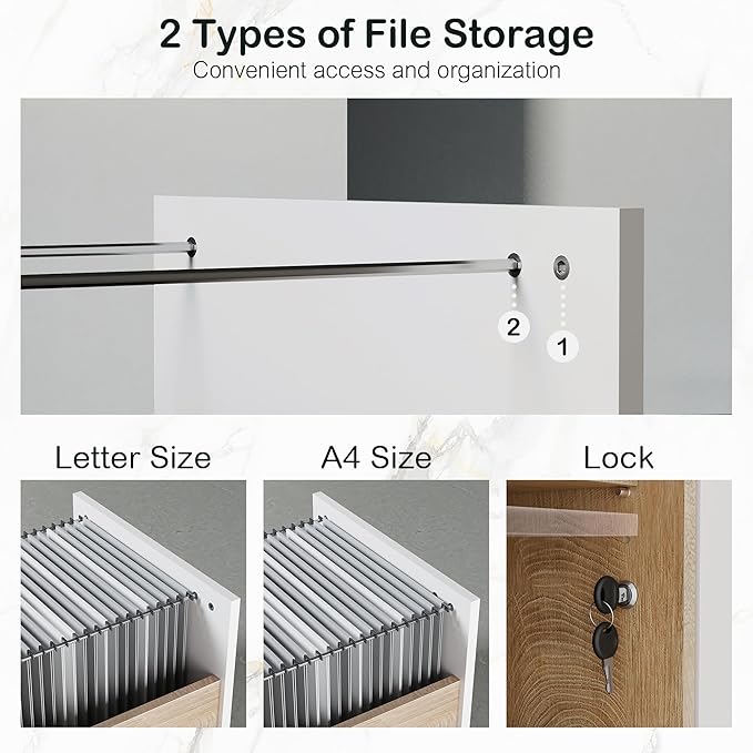 63" Wood Lateral File Cabinet with Lock, Filing Cabinet for Home Office with Adjustable Storage Shelves, Wide Office Credenza, Fits Letter/A4 Size, Light Walnut