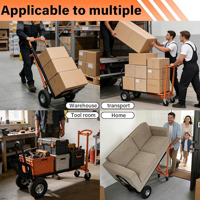 4 in 1 Industrial Convertible Hand Truck, 770 LBS Capacity Heavy Duty Dolly Cart with 4 Wheels, Versatile Folding Trolley with Ergonomic Handles, Platform Cart for Transport, Moving, Warehouse, Home
