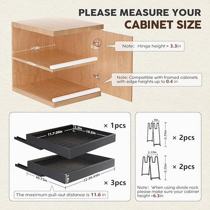 Seinloes 4Pack Expandable Pull Out Cabinet Organizer 21"Deep With Raising Pad for Framed Cabinets,Slide Out Drawers with 4pcs Divider Racks,Roll Out Shelves Adhesive,Adjustable Width 12.05"-20.4"Black