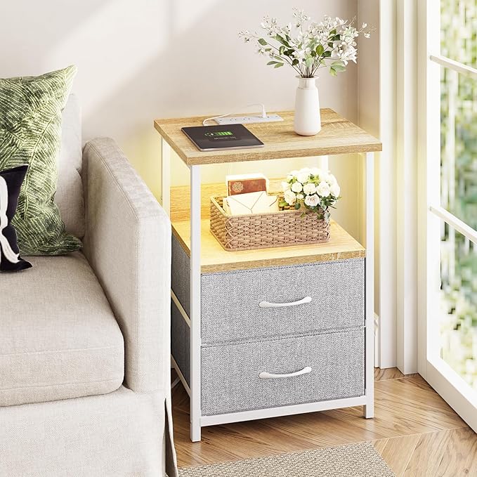 Fixwal Night Stand with Charging Station, LED Nightstand with U-S-B Ports and Outlets, 2 Fabric Storage Drawers with PU Finish, Small Bedside Table, Natural Oak & Light Grey