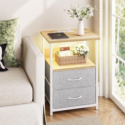 Fixwal Night Stand with Charging Station, LED Nightstand with U-S-B Ports and Outlets, 2 Fabric Storage Drawers with PU Finish, Small Bedside Table, Natural Oak & Light Grey