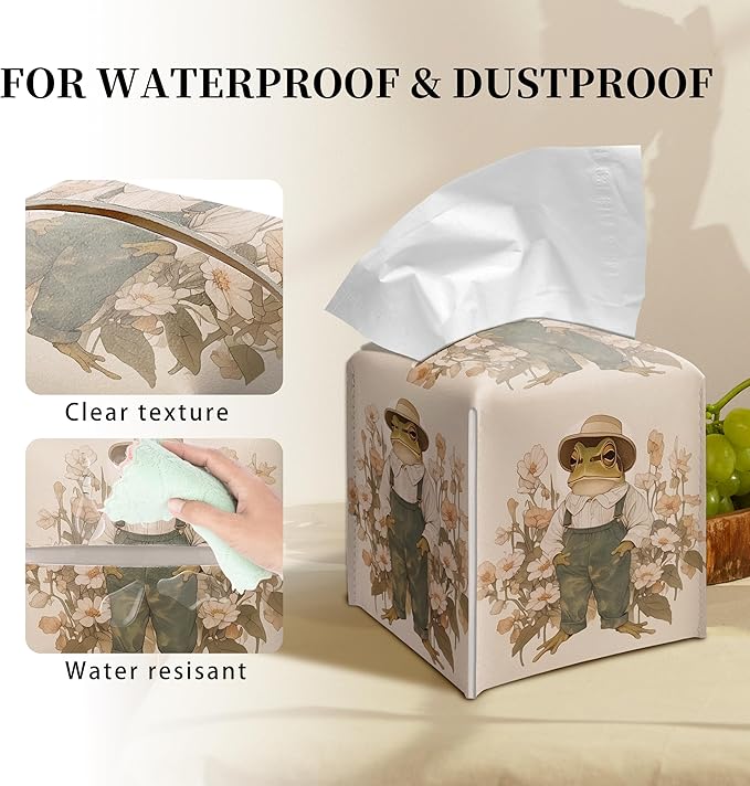 Grace Yonks Vintage Frog Tissue Box Cover Square, Overalls Cottagecore Floral Cube Case for Facial Tissues, 5.2" PU Leather(081)