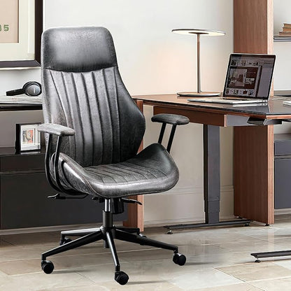 ovios Home Office Chair, Mid-Century Modern Faux Suede Leather Ergonomic Chairs, High Back Comfy Computer Swivel Rolling Task Executive Armchair, Grey