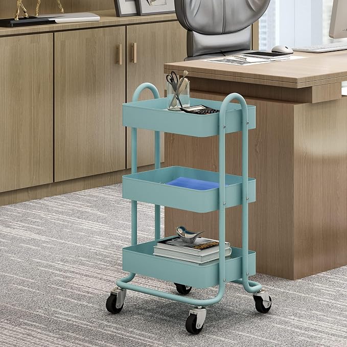 Metal Rolling Cart,3-Tier Metal Rolling Cart with Wheels,3 Tier Utility Cart with Wheels for Office,Home,Kitchen,Garden（13.4"x18.1"x31"） Blue