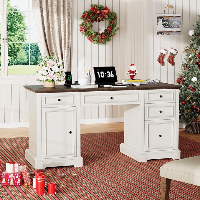 Vipbear 60" Farmhouse Executive Desk with Drawers and Cabinet, Embossed Texture Wood Home Office Desk, Rustic Computer Writing Desk, Workspace for Work Study Writing, White