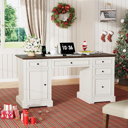 Vipbear 60" Farmhouse Executive Desk with Drawers and Cabinet, Embossed Texture Wood Home Office Desk, Rustic Computer Writing Desk, Workspace for Work Study Writing, White