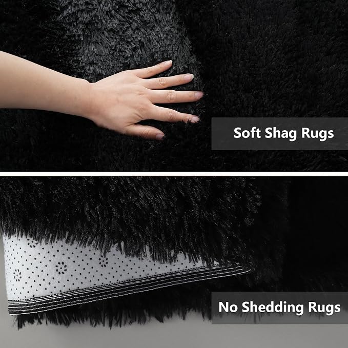 Shag Runner Rug for Bedroom Living Room 3x7 Upgrade Non-Slip Fluffy Soft Bedside Rugs,Black Shaggy Carpet for Livingroom Dorm Home Decor Aesthetic