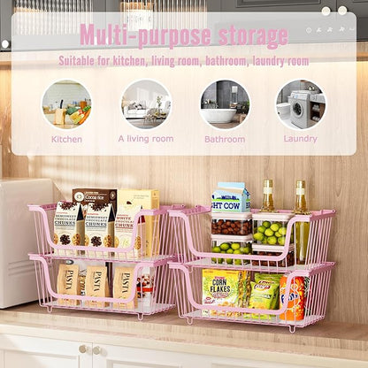 GAOKASE 4 Pcs Stackable Wire Baskets for Pantry Organizers and Storage,Vegetable Fruit Basket for Countertop,Kitchen Storage Metal Baskets,Produce Potato Onion Storage Bin,pink