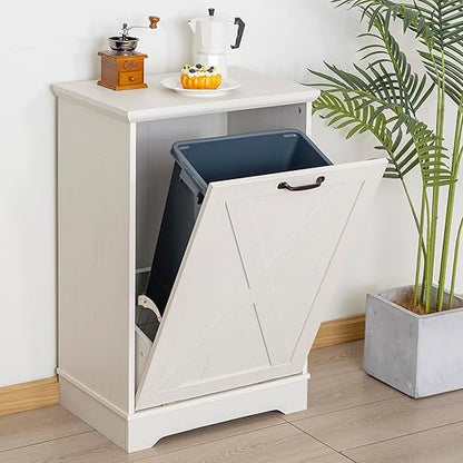 13 Gallons Tilt Out Trash Can Cabinet, Wooden Trash Can Cabinet Tilt Out Pet Proof Hidden Garbage Cabinet for Kitchen, Antique White