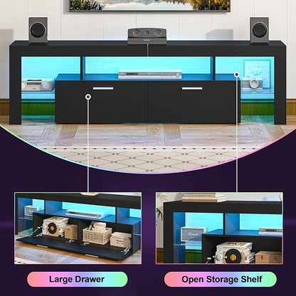 Clikuutory Modern Lighting 63 inch TV Stand with Large Storage Drawer for 50 55 60 65 70 75 Inch TVs, TV Console with 20 Color LED Lights, Entertainment Center Media and Open Shelf for Bedroom, Black