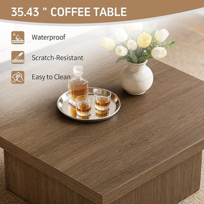 Square Coffee Table,Wooden Living Room Table,Center Table with a Large Tabletop,35.4" x 35.4",for Small Spaces, Apartments, Living Rooms, Vintage Brown