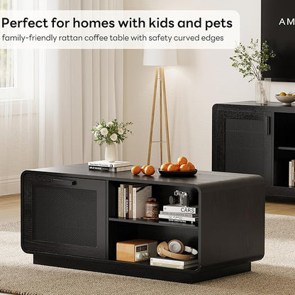 LIKIMIO 39.4" Rattan Coffee Table with Storage Drawers, Safety Curved Corners & 4-Tier Adjustable Shelves, Sturdy Base, Wood Center Table for Living Room, Black