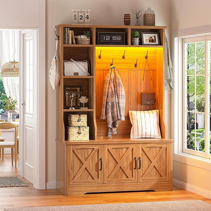 Hall Tree with Bench and Shoe Storage, Farmhouse Entryway Bench with Coat Racks and Led Lights, Tall Hall Tree with 7 Coat Hooks, 6 Storage Cubbies, Adjustable Shelf