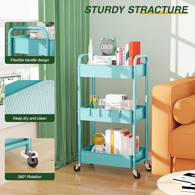 LEHOM 3 Tier Rolling Storage Cart, Metal Trolley Utility Cart with Wheels & Hooks, Easy Assembly Organizer Storage Cart for Bathroom Kitchen Office Bedroom
