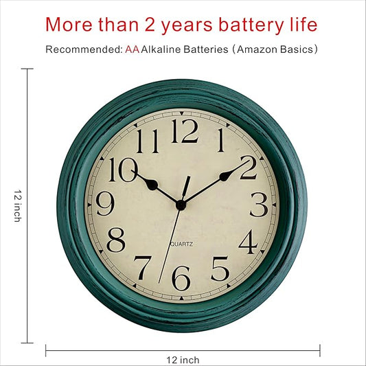 Foxtop Retro Silent Non-Ticking Round Classic Clock 12 Inch Quartz Decorative Battery Operated Wall Clock for Living Room Kitchen Home Office (Turquoise)