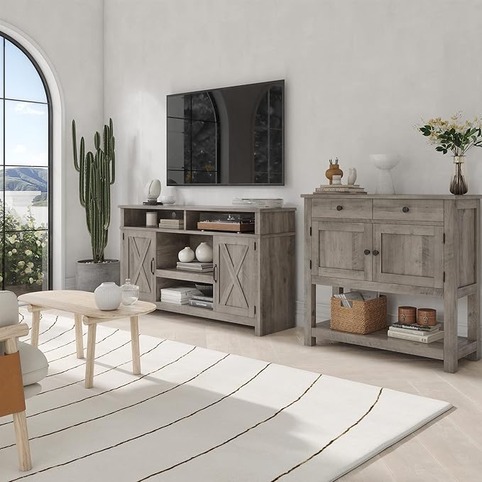 HOSTACK Farmhouse Console Table with 2-Door Cabinet & 2 Drawers, Coffee Bar, Entryway Table with Storage Shelf, Sofa Tables Buffet Sideboard for Kitchen, Hallway, Dining, Living Room, Ash Gray