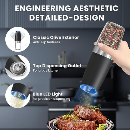UNNEES Gravity Electric Salt and Pepper Grinder, Automatic Salt And Pepper Grinder, Adjustable Roughness, Battery Powered, LED Light, 1 Pack, (Black)