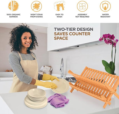 Bambüsi Dish Drying Rack - Collapsible Bamboo 2 Tier Foldable Wooden Dish Drainer for Countertop, Plates Cups Bowls Utensils - Eco Friendly Folding Bamboo Dish Rack for Kitchen Apartment RV Home Small