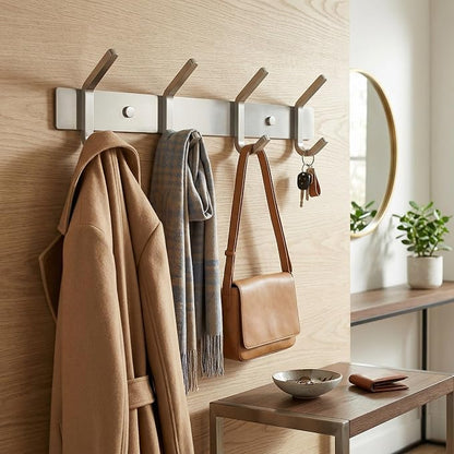 Coat Rack Wall Mount – Brushed Nickel 12 Inch Stainless Steel Hook Rail with 4 Heavy Duty Double Coat Hooks – Wall Mounted Coat Hanger for Entryway, Bathroom, Bedroom, Towel, Hat Organizer
