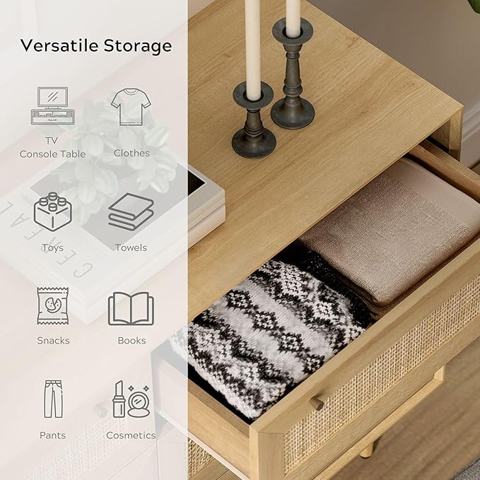Rattan 6 Drawer Dresser, Modern Closet Dressers of Drawers with Natural Rattan, Boho Dresser Chest, TV Stand of Drawers, Wood Storage Drawer Organizer for Bedroom Living Room Entryway Hallway